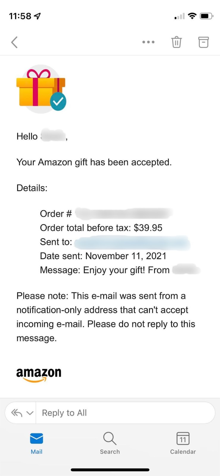 Amazon gift-giving tech-gift has been accepted