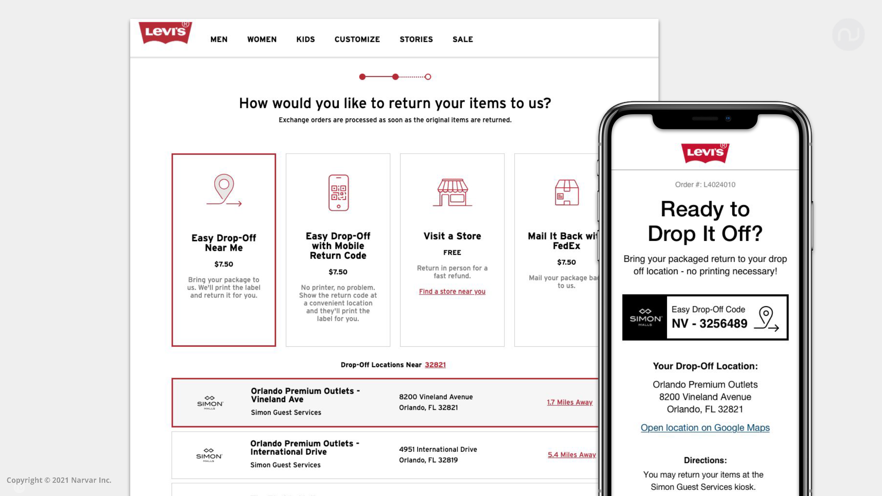 Levi's return options on Narvar