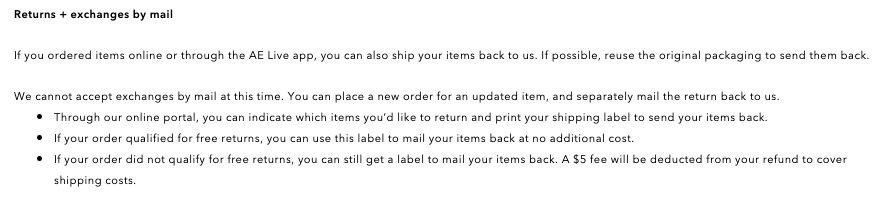 American Eagle return policy by mail example