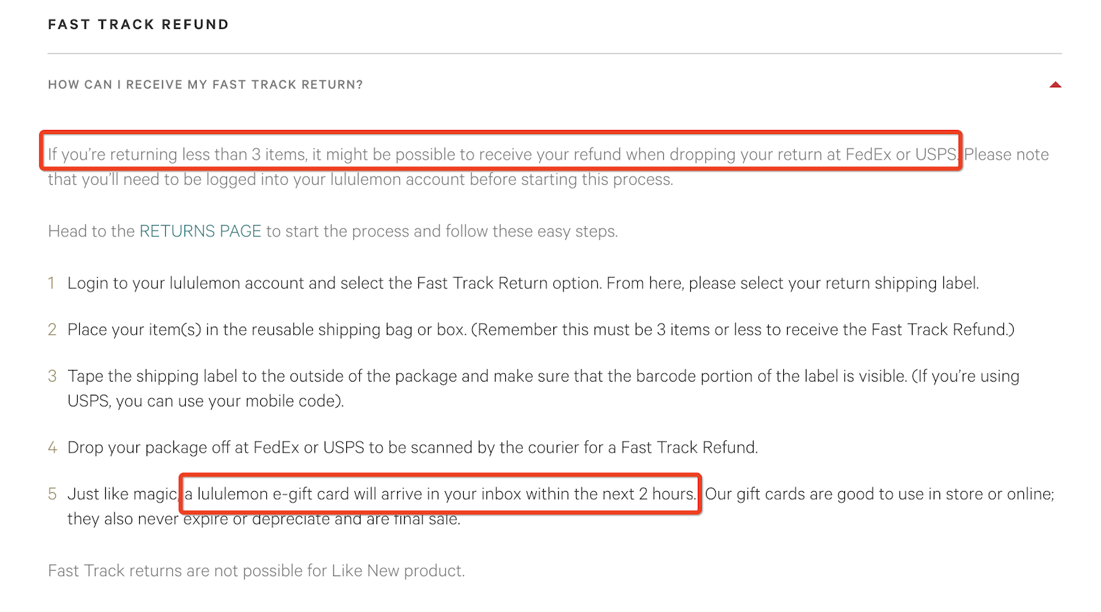 Lululemon's Fast Track refund policy example