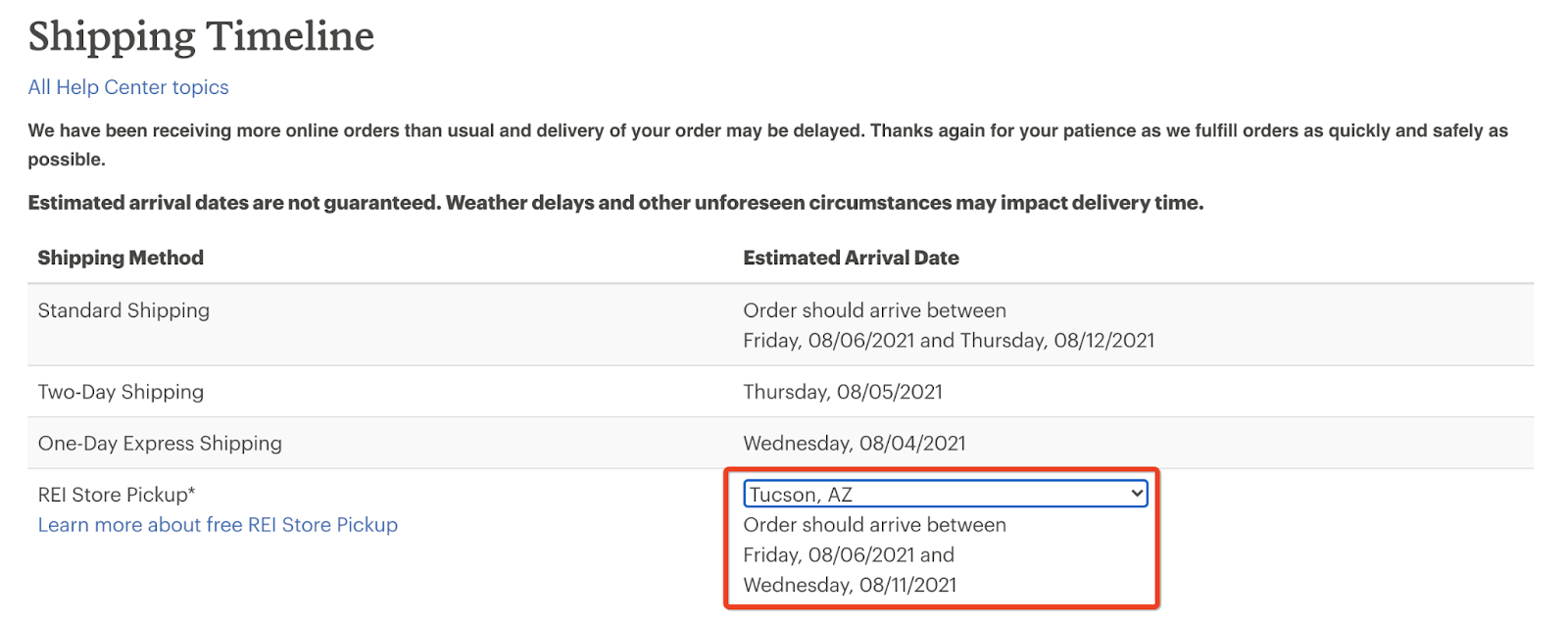 REI shipping policy timeline example