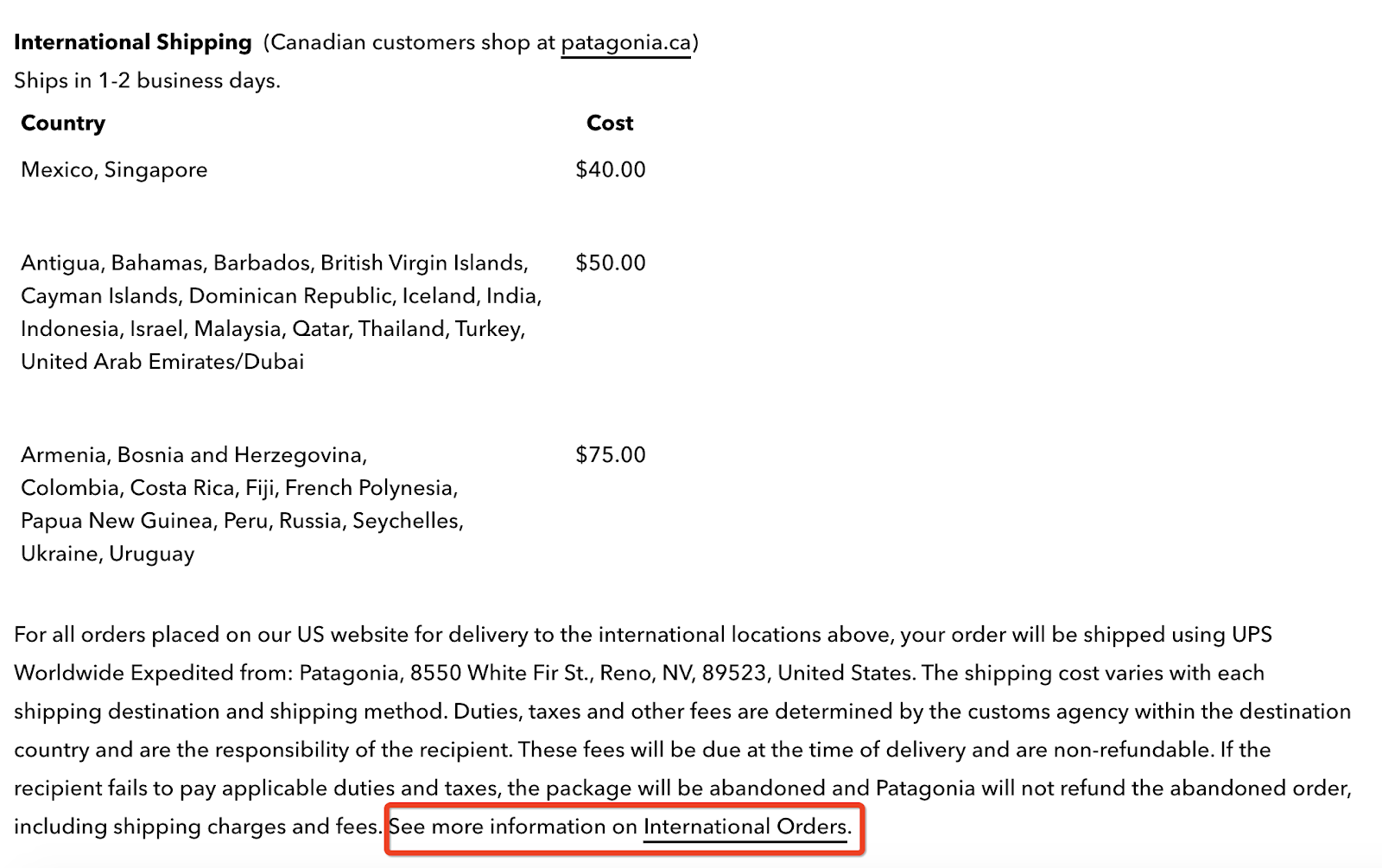 Patagonia international shipping policy example