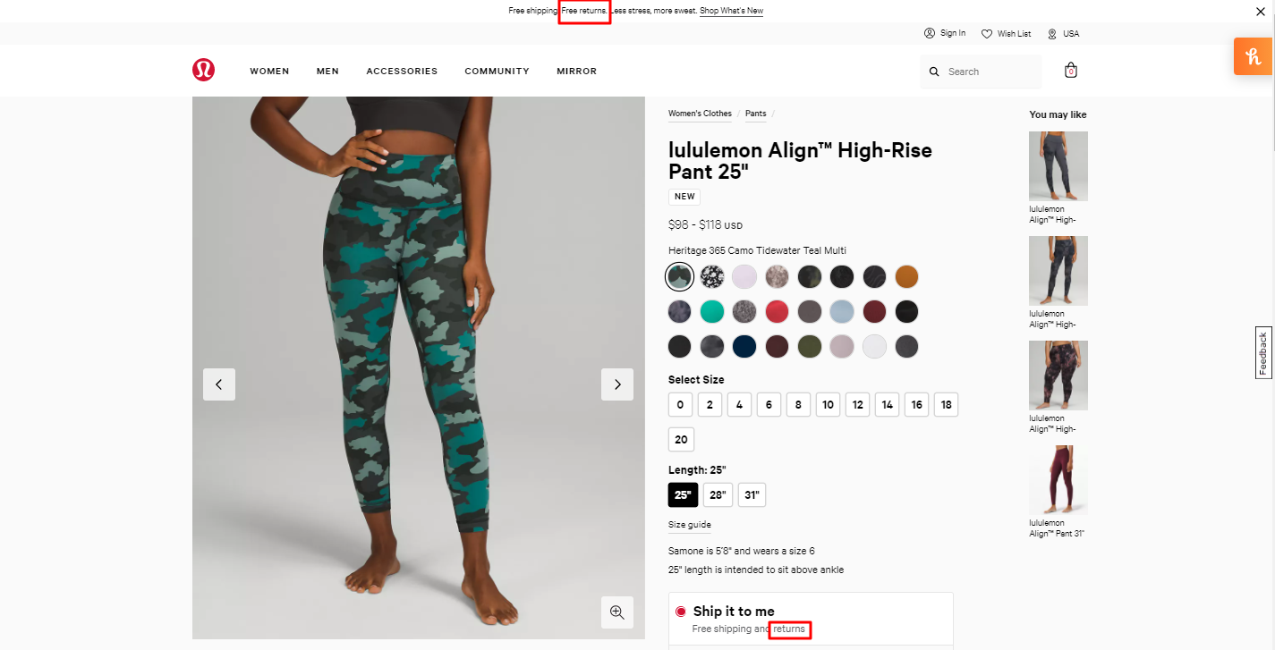 Lululemon free returns example