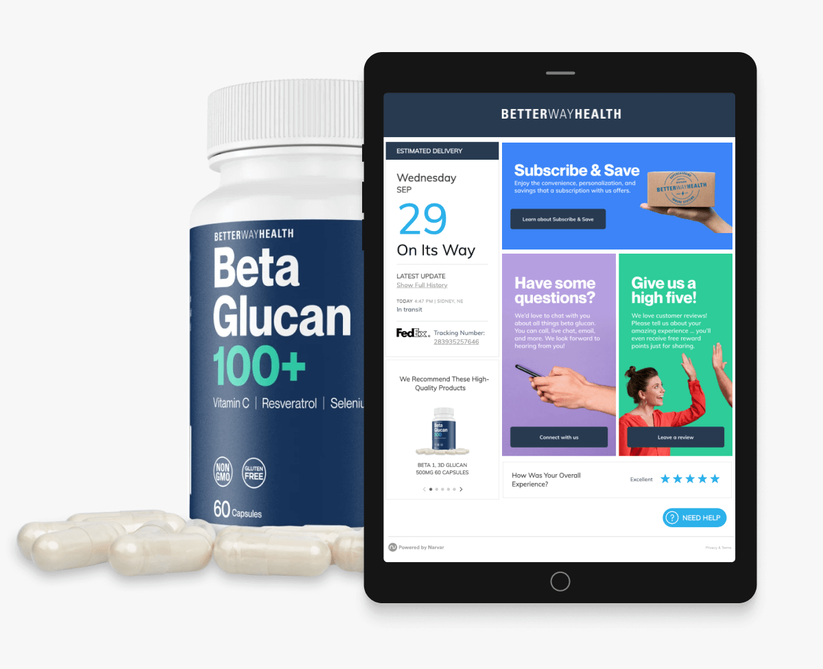 Better Way Health Beta Glucan 100 and their Narvar Track page