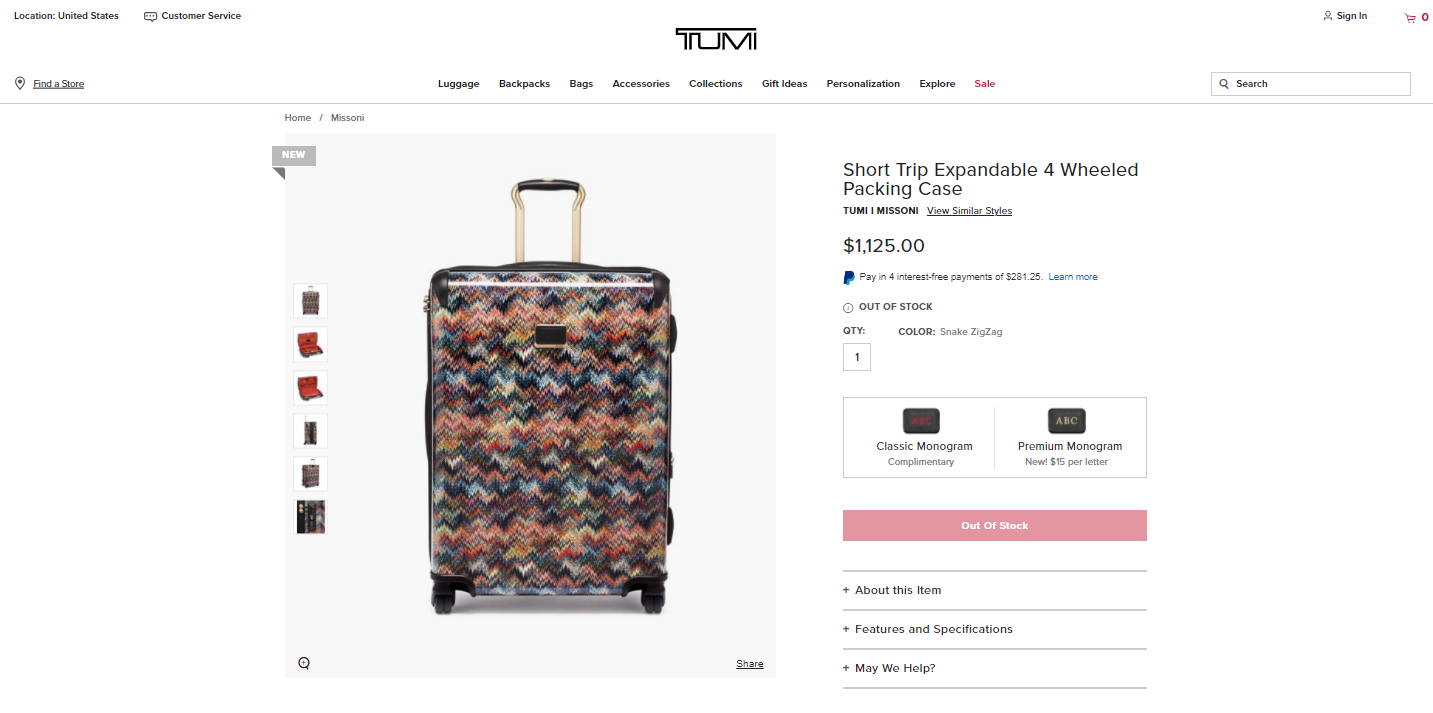 Tumi product detail page example